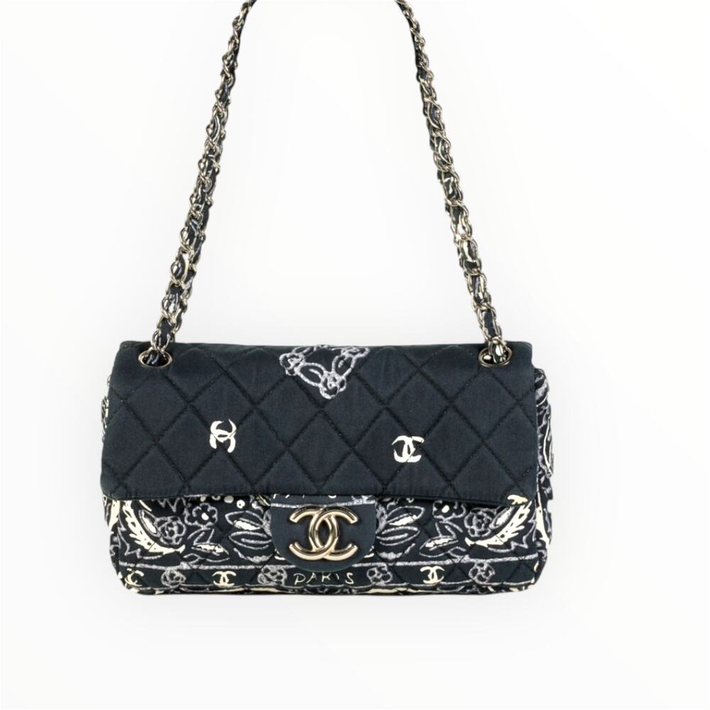 Vintage Chanel Blue Bandana Paisley Qualitied Canva Flap Bag